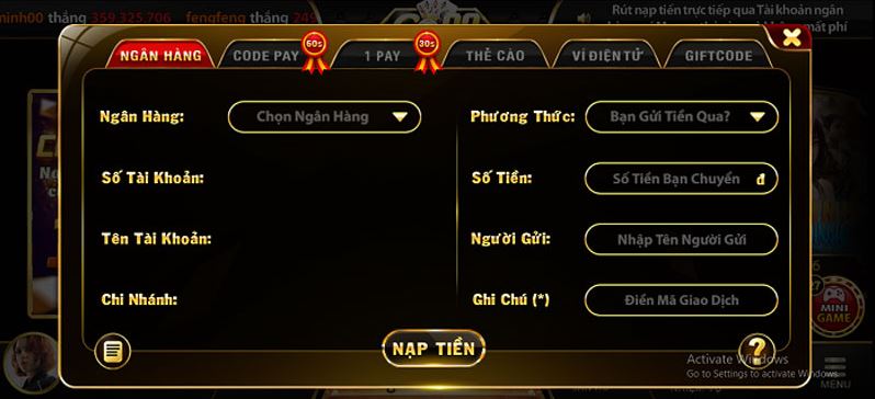 Nạp tiền go88 thông qua ngân hàng
